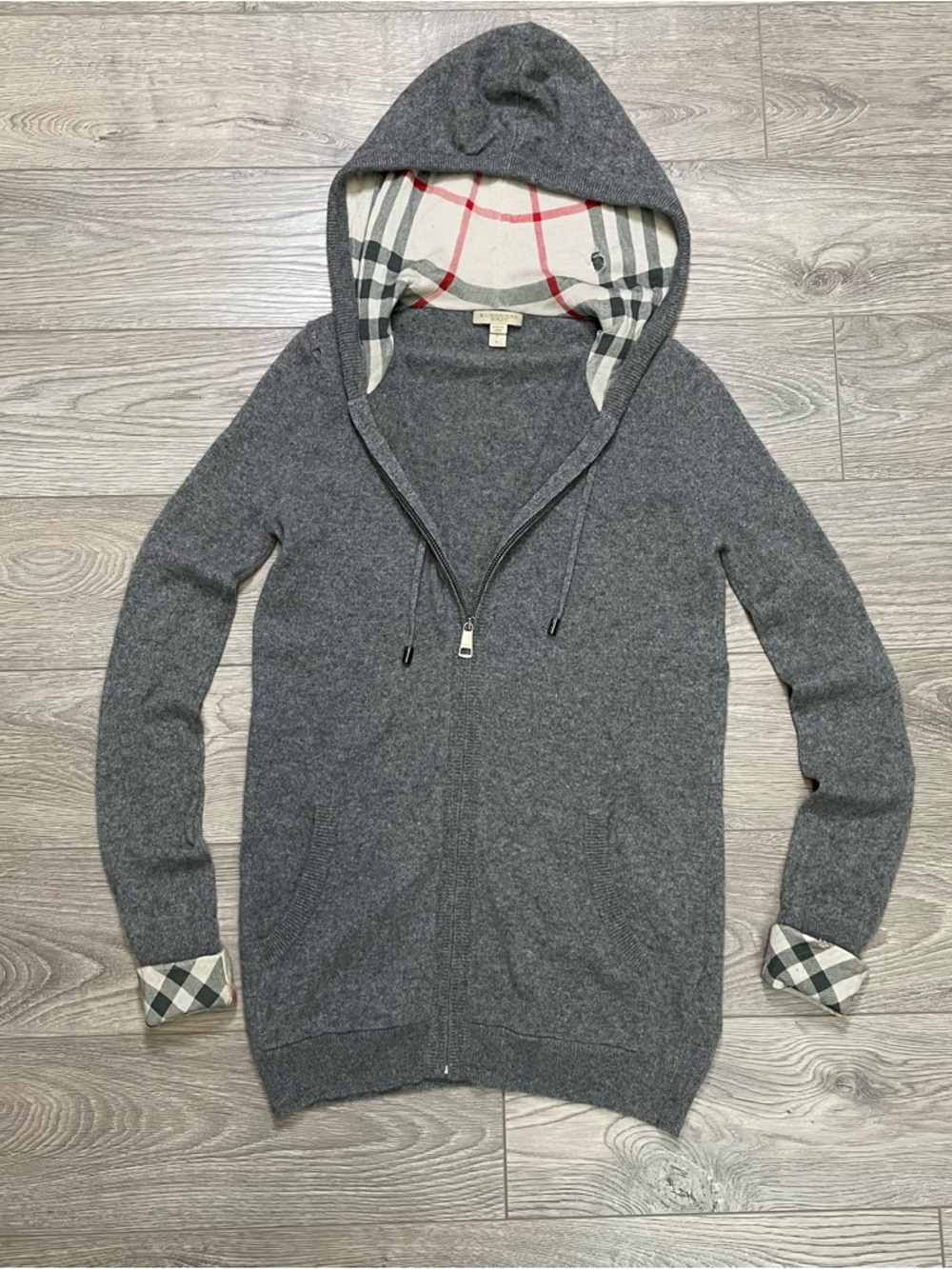 Burberry Brit Grey Cashmere Hooded Zip Jacket Size S Check Lining